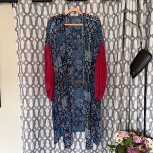 NATURAL LIFE Blue Patchwork Kimono with Pink Balloon Sleeves